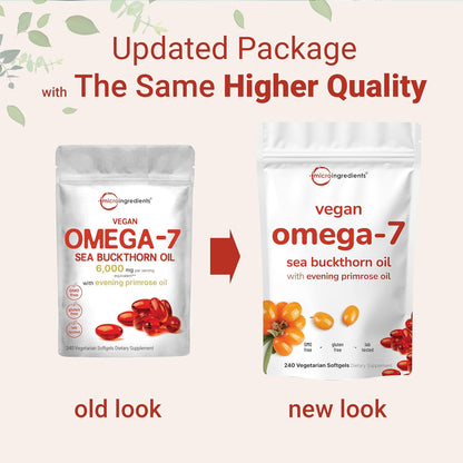 Vegan Omega-7 Sea Buckthorn Oil, 240 Vegetarian Softgels - 2-in-1 with Evening Primrose Oil - Plant Based Botanical Oil Blend - Non-GMO, Gluten, & Carrageenan Free