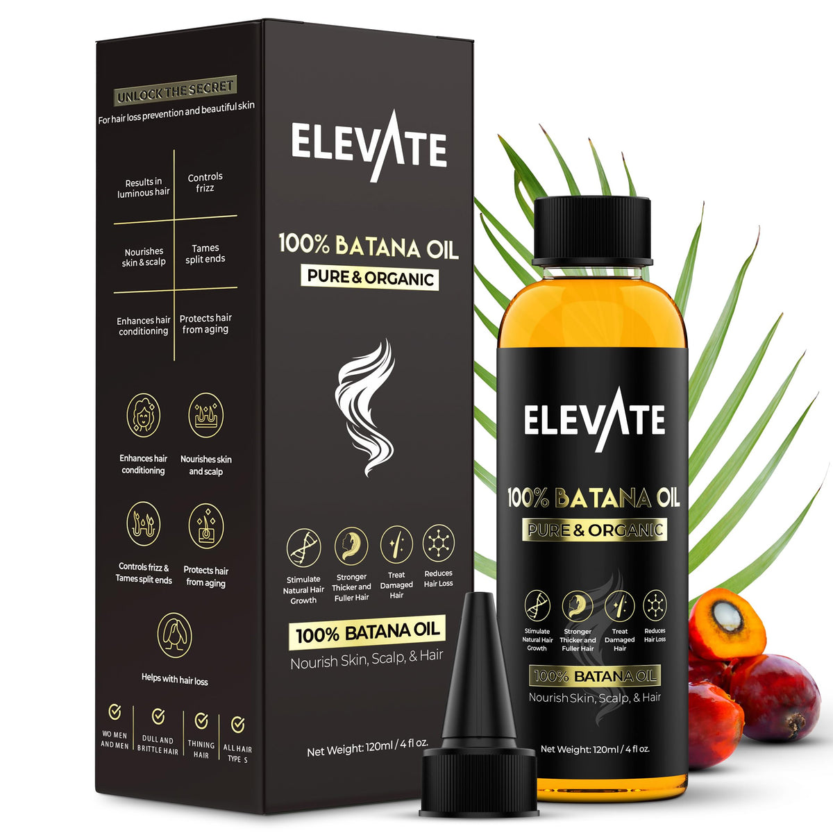 Elevate Batana Oil for Hair Growth - 100% Pure & Natural Raw Dr. Sebi Organic Oil from Honduras - Cold Pressed Chemical-Free for Thickness & Scalp Care Skin - Thicker Stronger Hair 4 Fl Oz 2 Pack