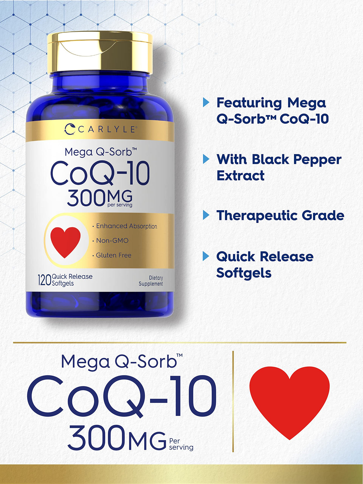 Carlyle CoQ10 300mg - 120 Softgels - Mega Q-Sorb Coenzyme Q-10 - with Black Pepper