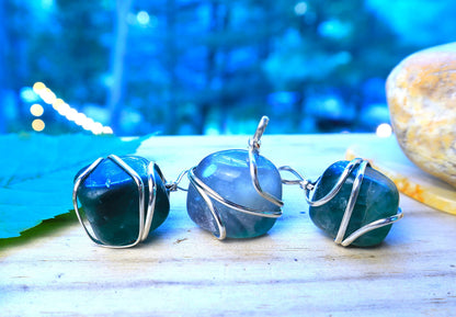 Shelf and Stone Rainbow Fluorite Wire Wrapped Pendant - Dark Hued Fluorite Crystal Necklace