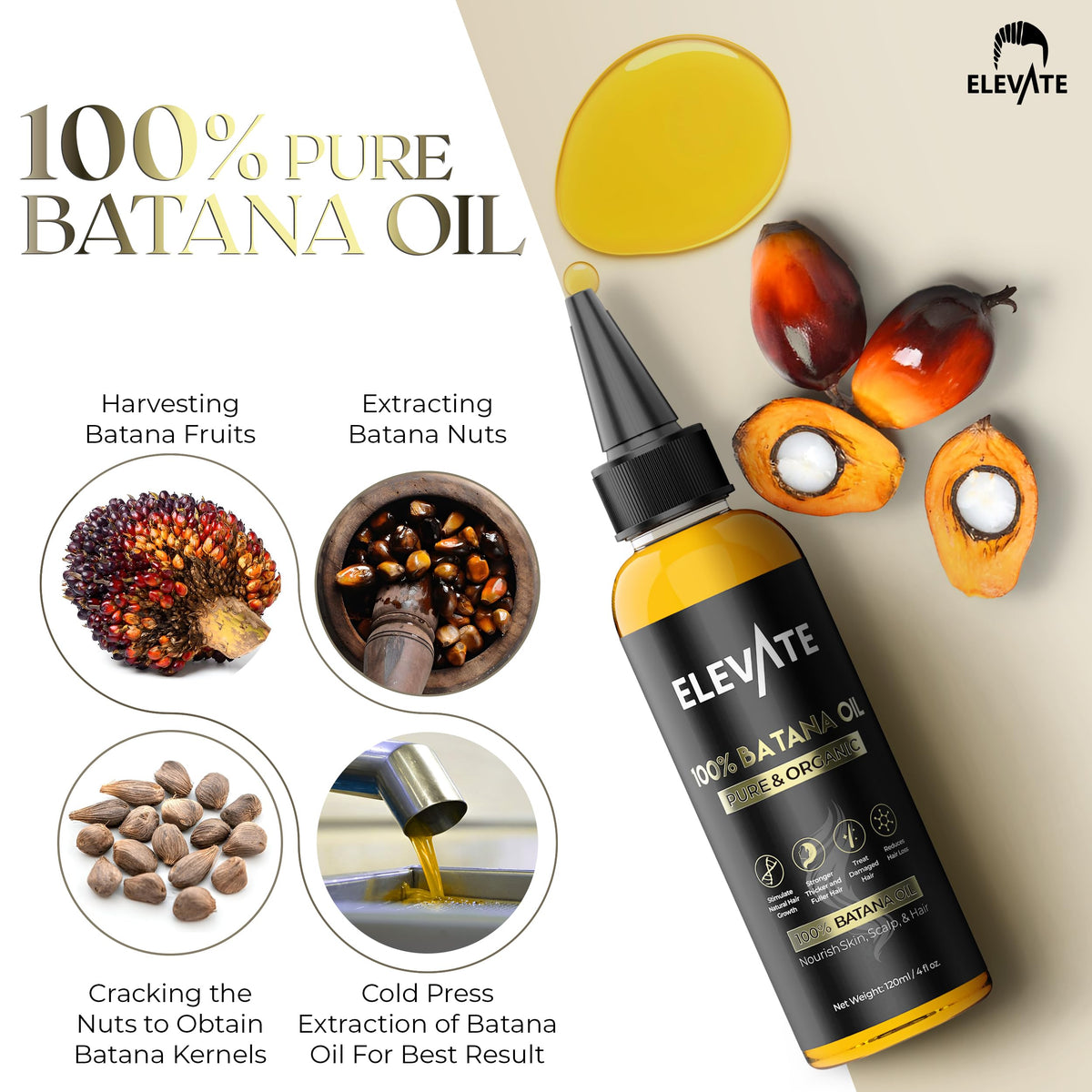 Elevate Batana Oil for Hair Growth - 100% Pure & Natural Raw Dr. Sebi Organic Oil from Honduras - Cold Pressed Chemical-Free for Thickness & Scalp Care Skin - Thicker Stronger Hair 4 Fl Oz 2 Pack