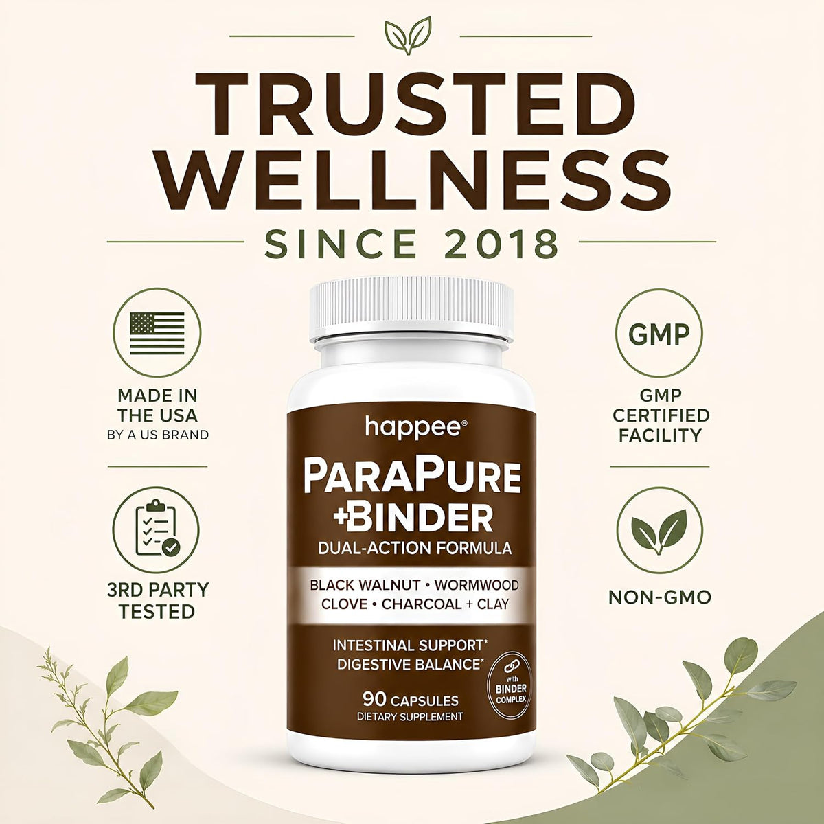 Happee ParaPure Cleanse with Binder for Humans, Intestinal Support, 2-in-1 - Wormwood, Black Walnut, Clove with Charcoal Binder for Digestive Balance (No Stack Needed) 90 Capsules