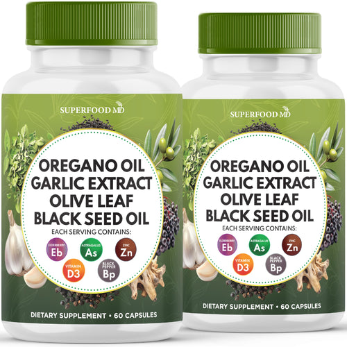 Superfood MD Oregano Oil Garlic Extract Olive Leaf Black Seed Oil Astragalus- for Women and Men- 60 Count
