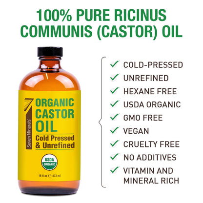 Seven Minerals New 16 fl oz Glass Bottle Castor Oil Organic Cold Pressed Unrefined Glass Bottle Pack - 100% Pure USDA Certified Organic Hexane Free