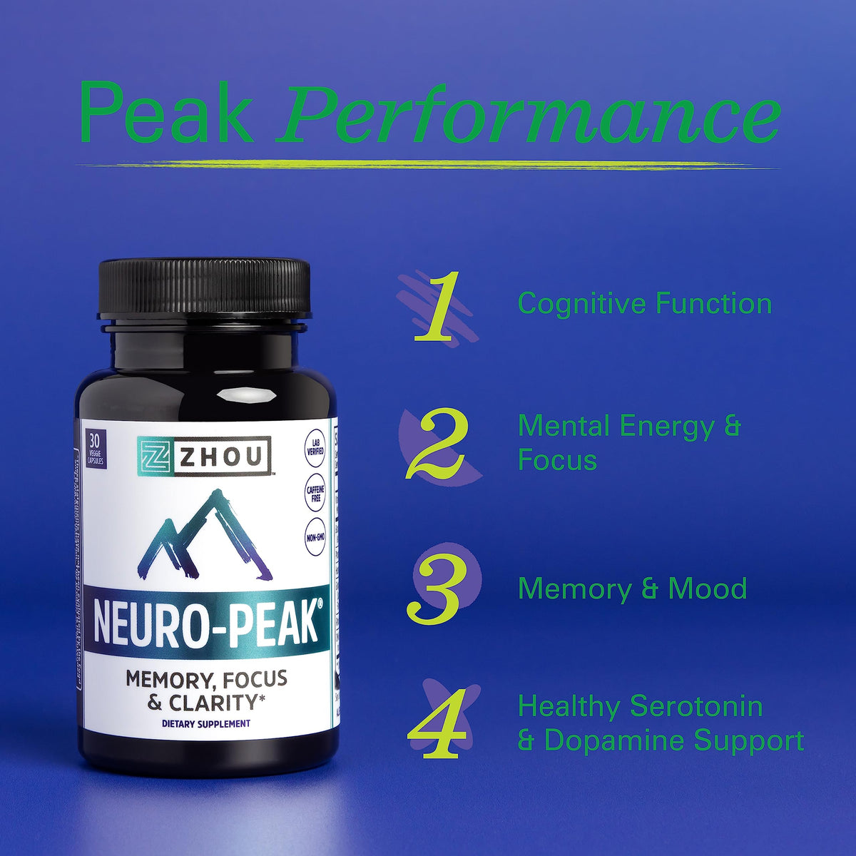 Zhou Neuro Peak Brain Support Supplement - Memory, Focus & Clarity Formula - DMAE