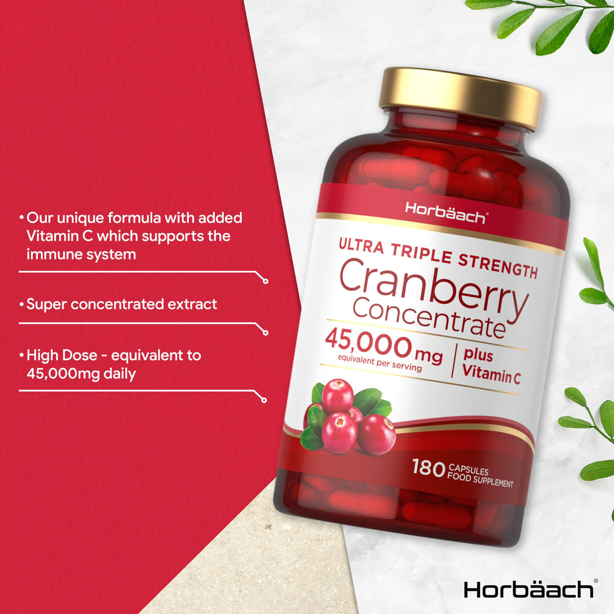 Cranberry Capsules 45,000 mg - High Strength Cranberry Extract with Vitamin C