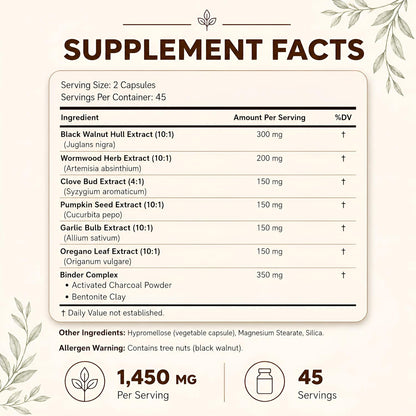 Happee ParaPure Cleanse with Binder for Humans, Intestinal Support, 2-in-1 - Wormwood, Black Walnut, Clove with Charcoal Binder for Digestive Balance (No Stack Needed) 90 Capsules
