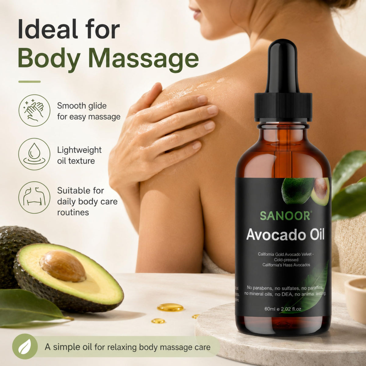 SANOOR Avocado Oil, Premium Carrier Oil for Hair, Skin & Body Care, Cold-Pressed Avocado Oil, Lightweight Oil for Massage, Hair Lengths, Scalp & Dry-Feeling Skin, Hexane-Free, 60 ml