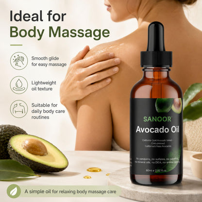 SANOOR Avocado Oil, Premium Carrier Oil for Hair, Skin & Body Care, Cold-Pressed Avocado Oil, Lightweight Oil for Massage, Hair Lengths, Scalp & Dry-Feeling Skin, Hexane-Free, 60 ml
