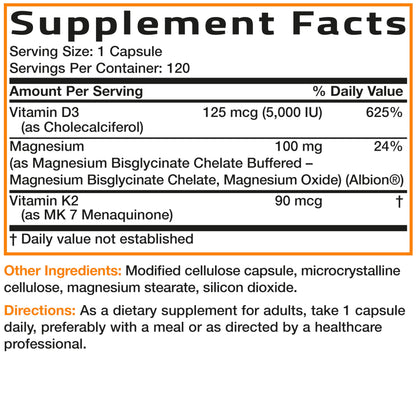 Bronson Vitamin K2+D3 Magnesium Glycinate Supplement, 60 Capsules - 3-in-1 Bone & Heart Health Support Formula, Non-GMO, Gluten Free, Soy Free