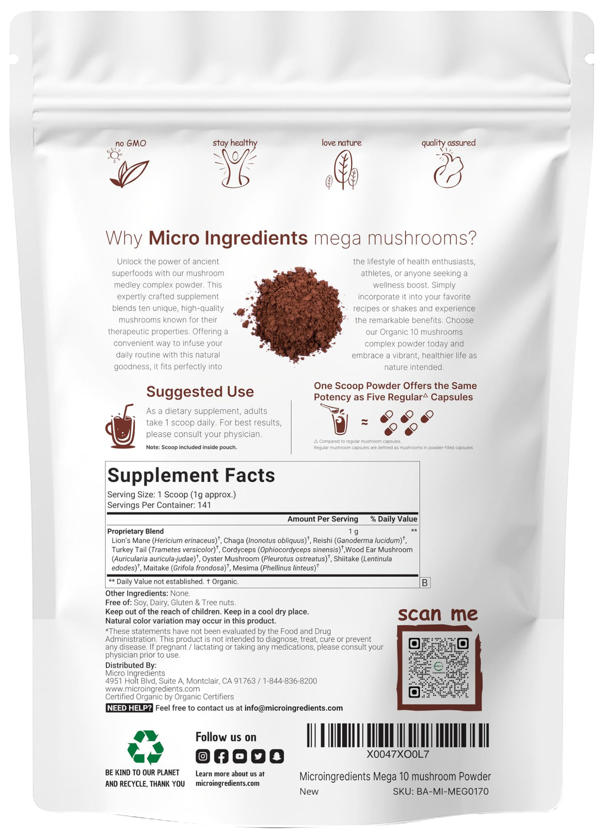 Micro Ingredients Organic Mega Mushroom Powder, 5oz (141 Days Supply) - 10-in-1 with Chaga, Lion’s Mane, Cordyceps & More - Great for Smoothies & Daily Use - Non-GMO, Vegan Friendly
