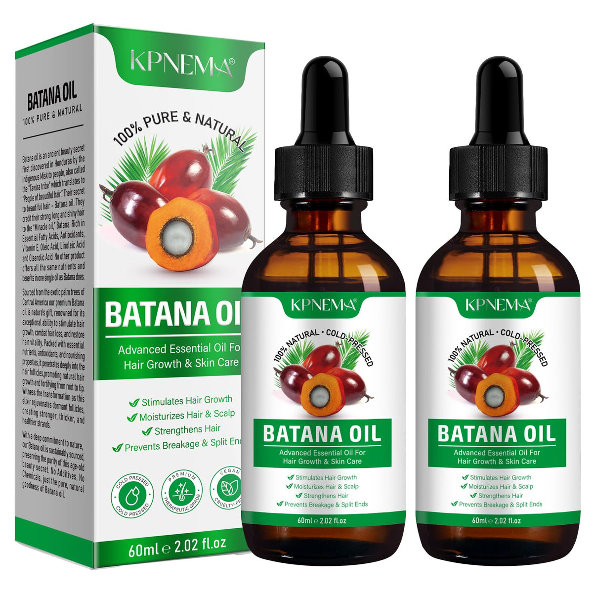 Batana Oil for Hair Growth, 2 Pack 100% Pure Natural Organic, Moisturizing Skin and Hair Care for Dryness and Roughness, Anti-aging (2.02 Fl Oz (Pack of 2))