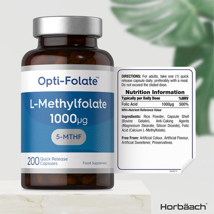 L-Methylfolate 1000ug - 200 Capsules - 5-MTHF Folate Supplement - Active Form