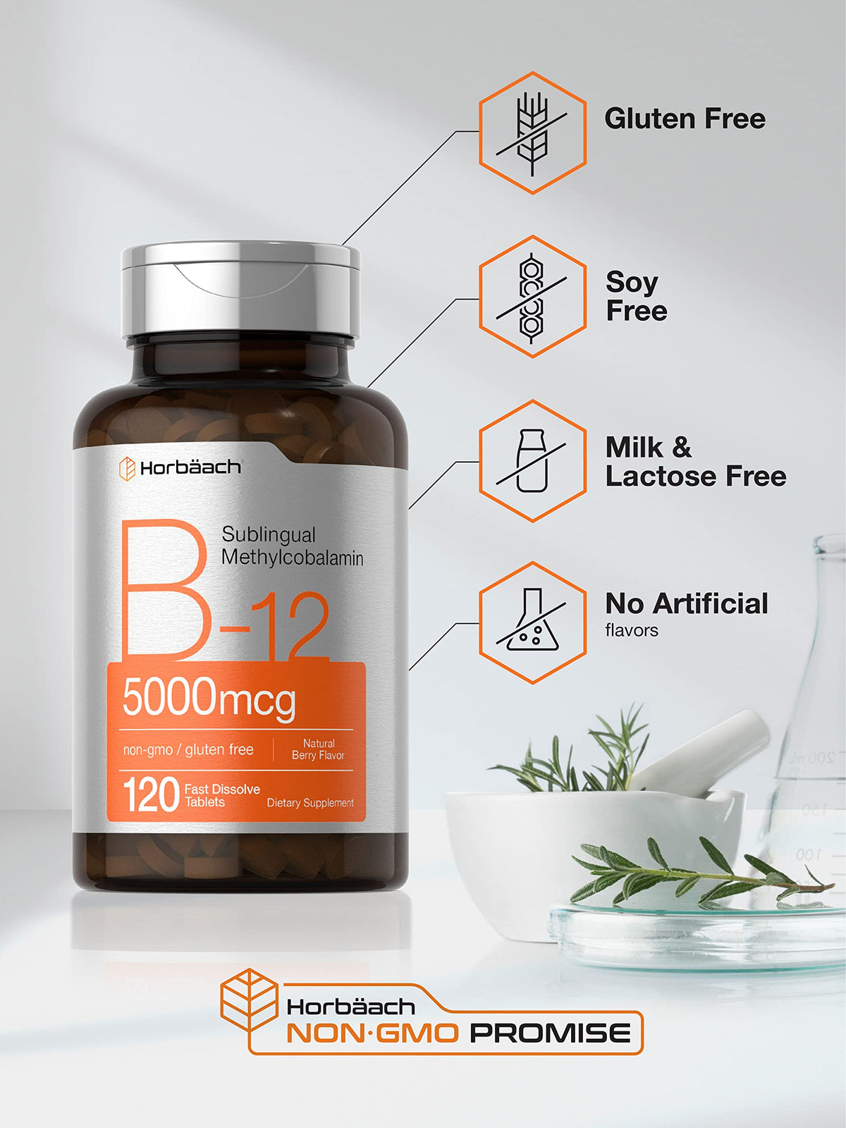Horbäach B12 Sublingual Methylcobalamin - 5000mcg - 120 Fast Dissolve Tablets