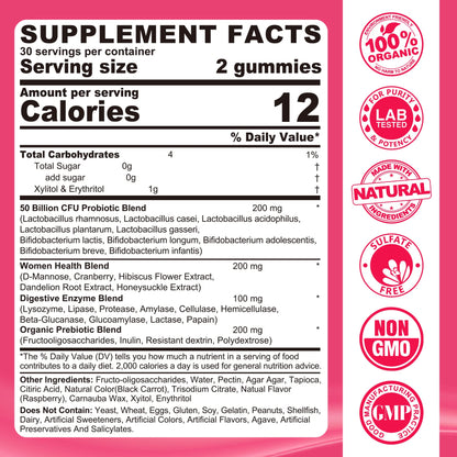 Probiotics for Women Gummies, Sugar Free Vaginal Probiotics 50 Billion CFU 10 Strains w/ Cranberry