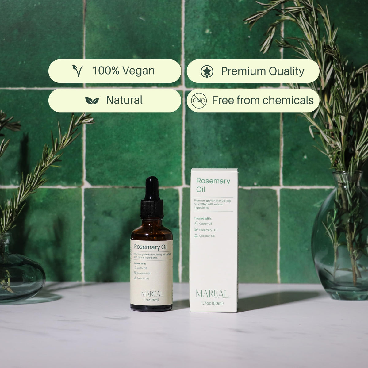 MAREAL Pure Rosemary Oil for Hair Growth & Scalp Health - Infused with Castor & Coconut Oil - Hair Thickening & Regrowth Treatment for Women & Men - 100% Natural - Up to 2-Month Supply - 1.7 fl oz