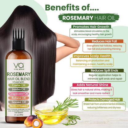 Blend Of Pure Rosemary Oil For Hair Growth With Castor, Batana, Jojoba Oil-Infused With Biotin & Vitamin E-Blend of Effective Hair Oils for Hair Growth-Strengthening Treatment-By Vital Affair-6 Fl Oz
