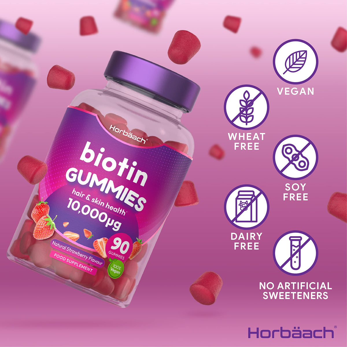 Biotin Gummies 10,000mcg - 90 Vegan Vitamins - Natural Strawberry Flavour