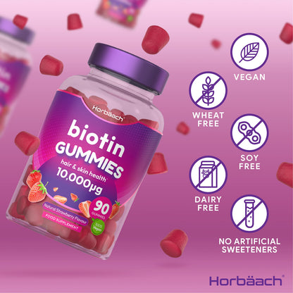 Biotin Gummies 10,000mcg - 90 Vegan Vitamins - Natural Strawberry Flavour