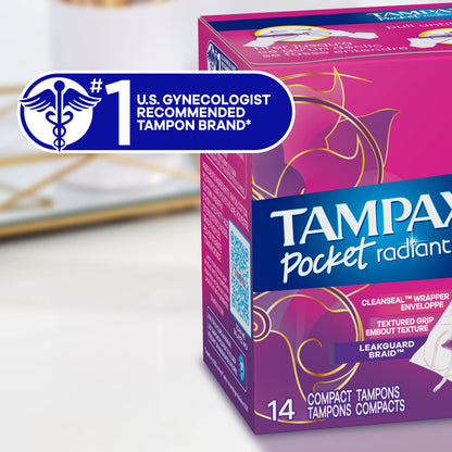 Tampax Pocket Radiant Compact Tampons Multi Pack, Regular/Super Absorbency with BPA-Free