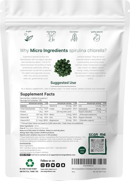 Micro Ingredients Organic Chlorella Spirulina 3000mg Tablets & Vitamin D3 5000iu + K2 100mcg Bundle 2 Pack - Cracked Cell Wall, Rich in Vegan Protein & Chlorophyll - Essential Sunshine Vitamins