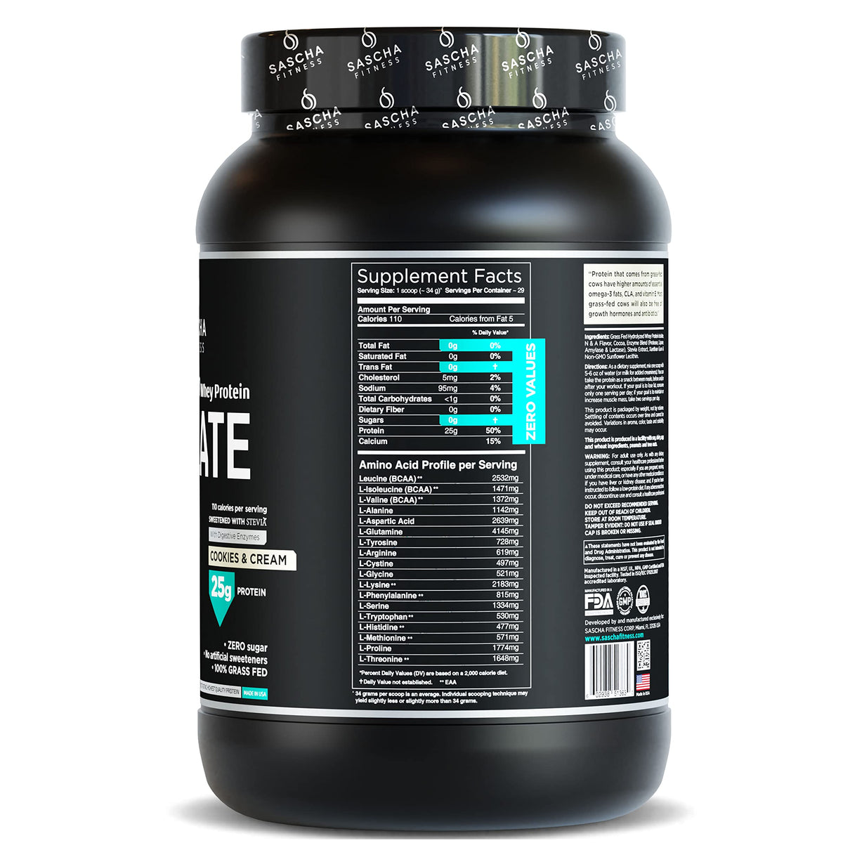 SASCHA FITNESS Hydrolyzed Whey Protein Isolate,100% Grass-Fed (2 Pounds, Cookies