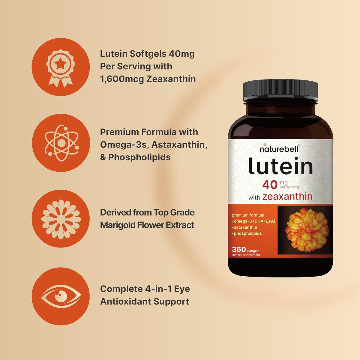 Lutein 40mg + Zeaxanthin 1,600mcg, 360 Softgels - 4-in-1 Formula with Astaxanthin, Omega-3 & Phospholipids - Marigold Flower Extract - Supports Eye, Brain & Vision Health - Non-GMO, Gluten Free