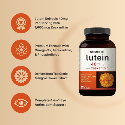 Lutein 40mg + Zeaxanthin 1,600mcg, 360 Softgels - 4-in-1 Formula with Astaxanthin, Omega-3 & Phospholipids - Marigold Flower Extract - Supports Eye, Brain & Vision Health - Non-GMO, Gluten Free