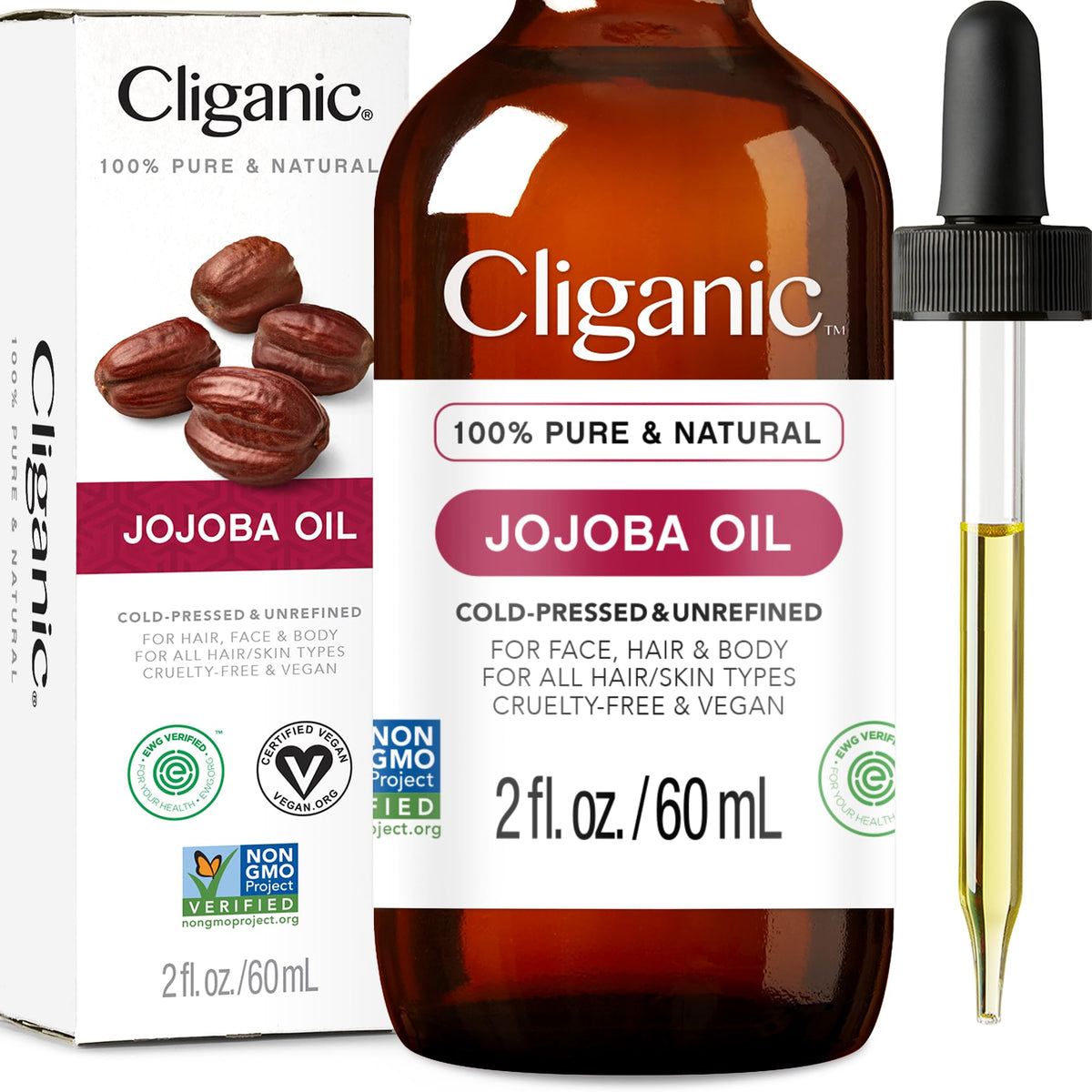 Cliganic Non-GMO Jojoba Oil for Skin, Hair & Face (2oz) | 100% Pure, Natural Cold Pressed Unrefined