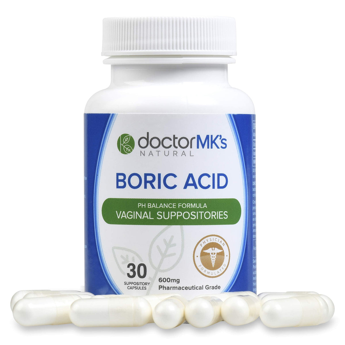 doctor MK's NATURAL Boric Acid Suppositories (600mg) for Healthy Feminine pH Support