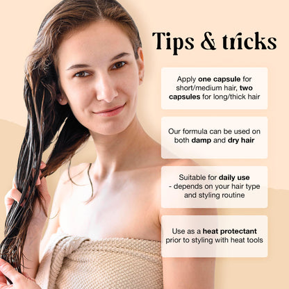 LivaClean 60 CT Hair Serum Capsules for Frizzy, Damaged Hair - Vitaminas para el Cabello - Keratin & Argan Oil with Biotin, Vitamins E, B5, B7, Jojoba Oil - Shine Boost & Split End Repair