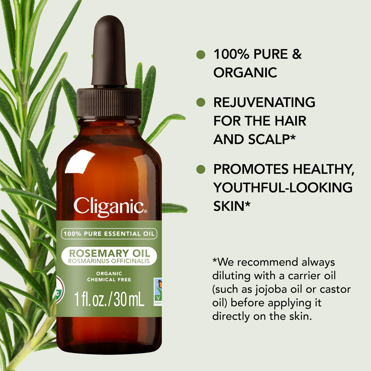 Cliganic Organic Rosemary Essential Oil for Hair, Skin, Aromatherapy - 100% Pure Natural Undiluted