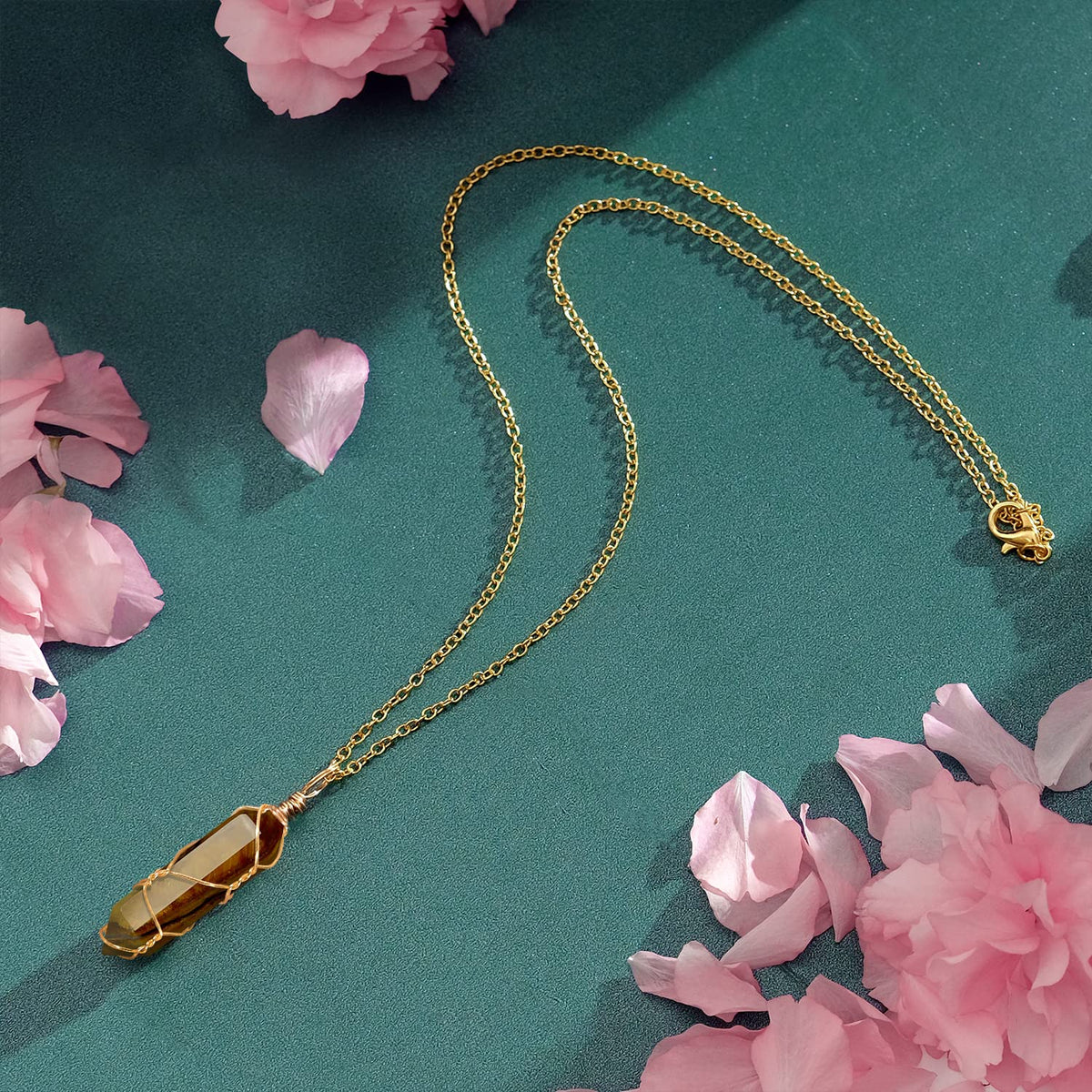 VIBILIA Healing Crystal Necklace Wire Wrapped Natural Tigerite Stone Point Pendant Necklace Hexagonal