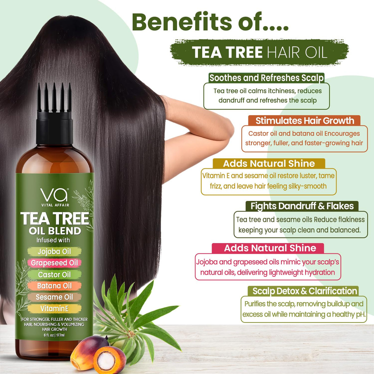VITAL AFFAIR Tea Tree Oil For Hair With Jojoba, Castor, Batana Oil - Tea Tree Hair And Scalp Treatment - Hair Oil For Dandruff - Helps Strengthen, Volumize & Promotes Hair Growth - 6 Fl Oz