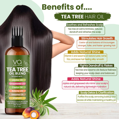 VITAL AFFAIR Tea Tree Oil For Hair With Jojoba, Castor, Batana Oil - Tea Tree Hair And Scalp Treatment - Hair Oil For Dandruff - Helps Strengthen, Volumize & Promotes Hair Growth - 6 Fl Oz