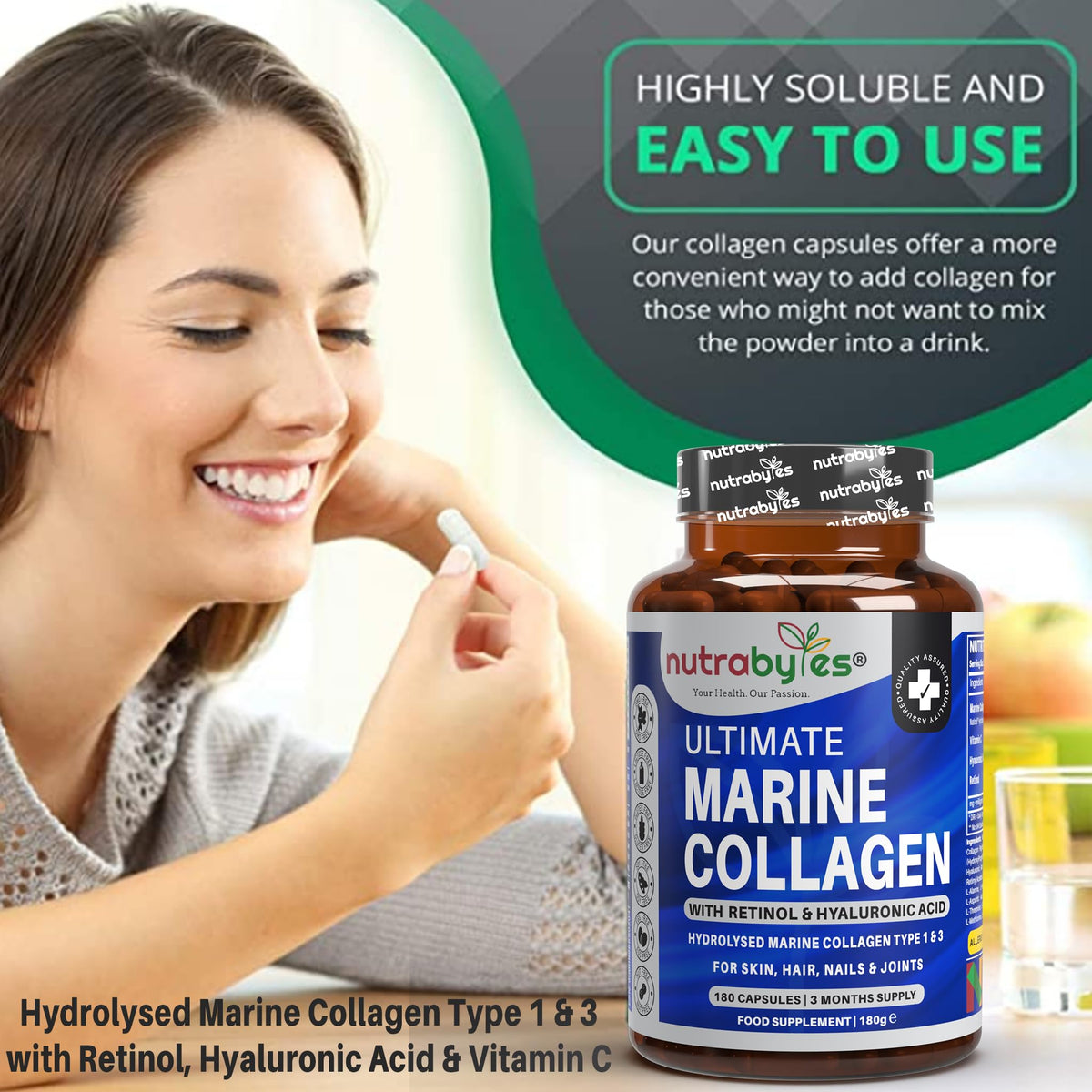 High Strength Marine Collagen with Hyaluronic Acid, Retinol and Vitamin C - 180 Capsules - 3 Months Supply