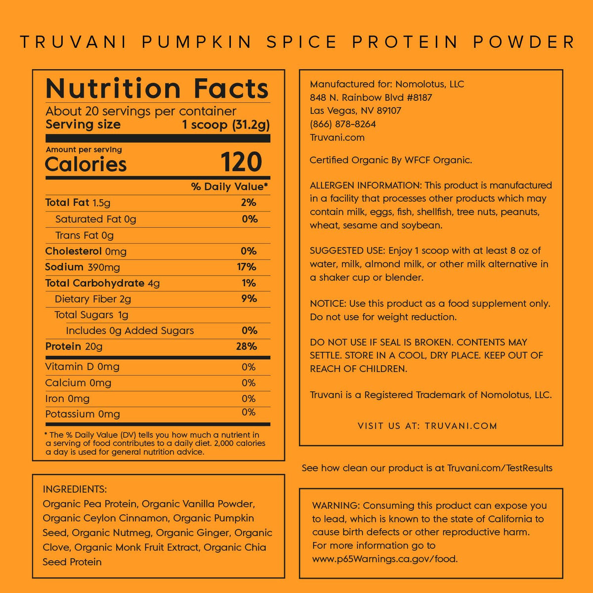 Truvani Organic Vegan Protein Powder Pumpkin Spice - 20g of Plant Based Protein