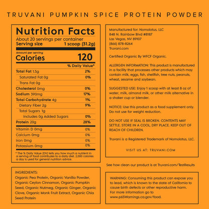Truvani Organic Vegan Protein Powder Pumpkin Spice - 20g of Plant Based Protein