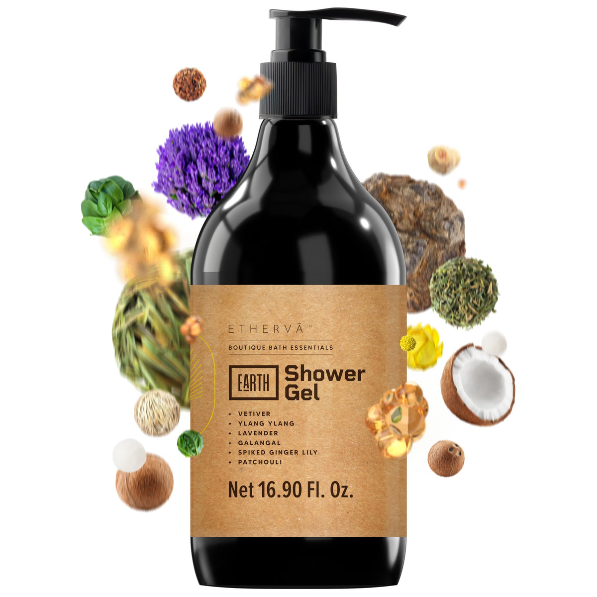 ETHERVA EARTH Body Wash for Men & Women | Patchouli, Vetiver, Incense, Virgin Coconut Oil