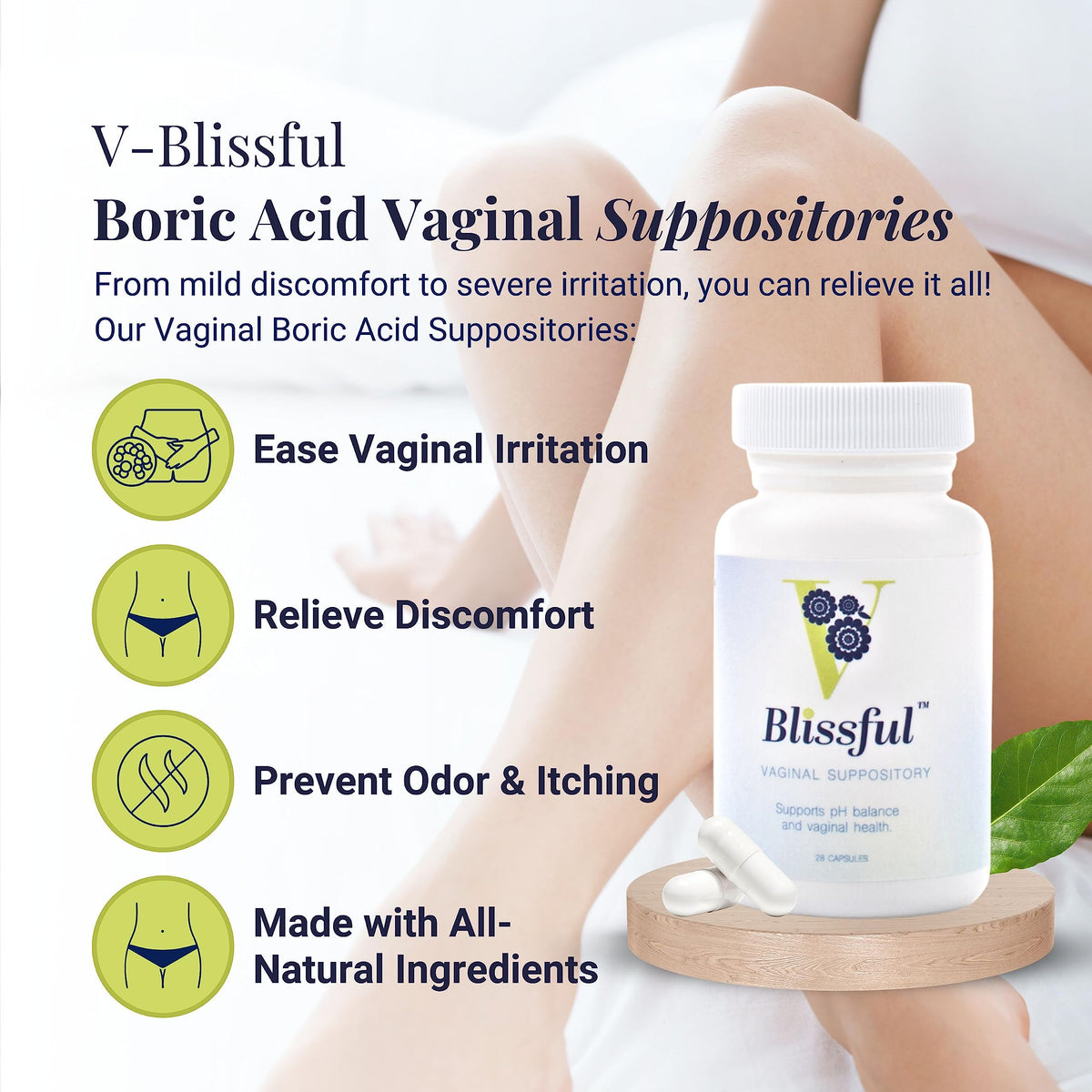 V Blissful - Boric Acid Suppositories Helps with Yeast Infections - Effective Feminine Care with Boric Acid, Perfect