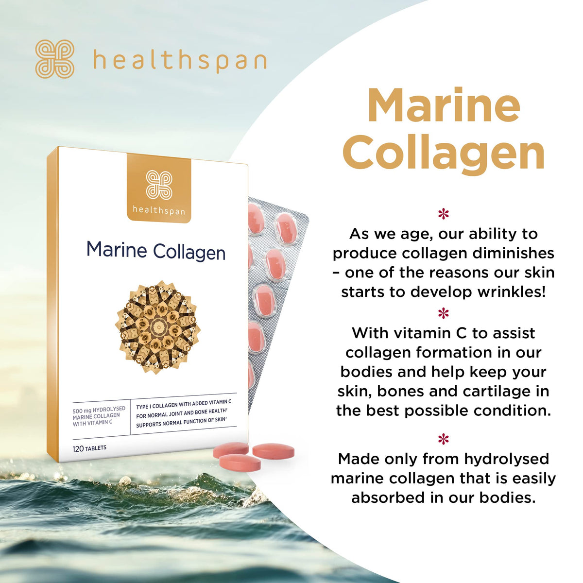 Healthspan Marine Collagen 500mg (120 Tablets) - Hydrolysed Type I Marine Collagen
