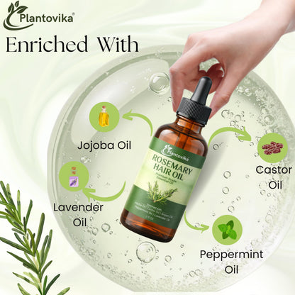 Plantovika Rosemary Oil for Hair Growth - Hair Growth Oil with Jojoba, Castor, Argan, Peppermint & Lavender - Scalp & Hair Strengthening Treatment for Women & Men (2 Fl Oz)