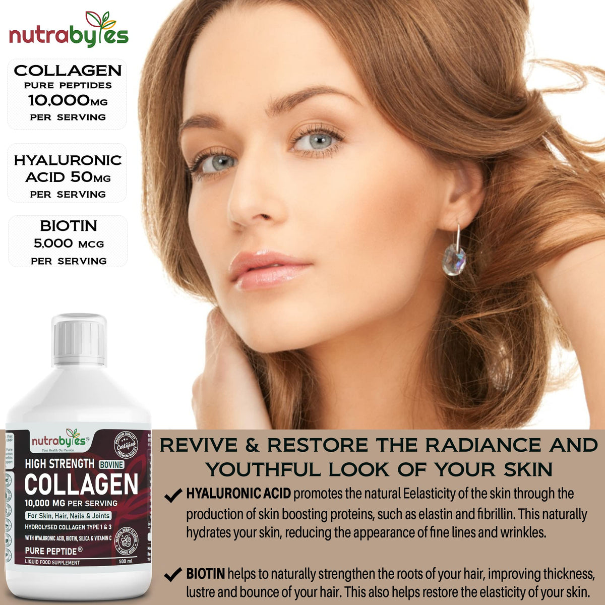 Collagen Liquid 10000mg, Hydrolysed Peptides - Hyaluronic Acid, Biotin, Silica, Vitamin C, Vitamin B12