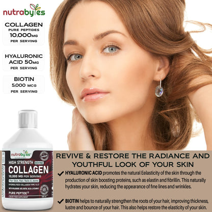 Collagen Liquid 10000mg, Hydrolysed Peptides - Hyaluronic Acid, Biotin, Silica, Vitamin C, Vitamin B12