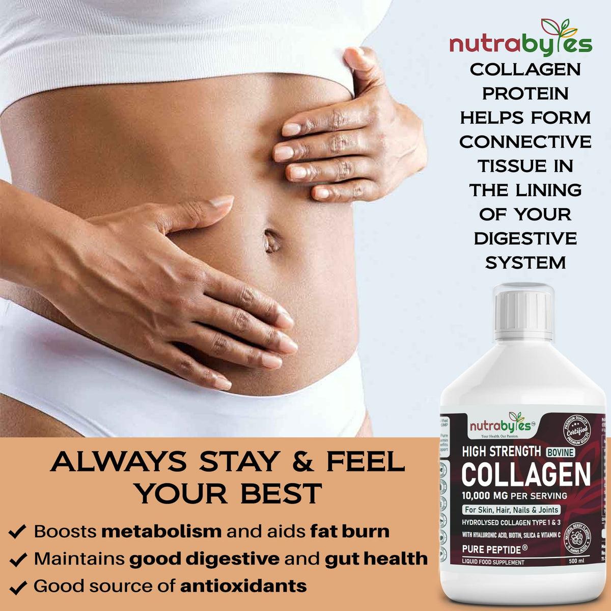 Collagen Liquid 10000mg, Hydrolysed Peptides - Hyaluronic Acid, Biotin, Silica, Vitamin C, Vitamin B12