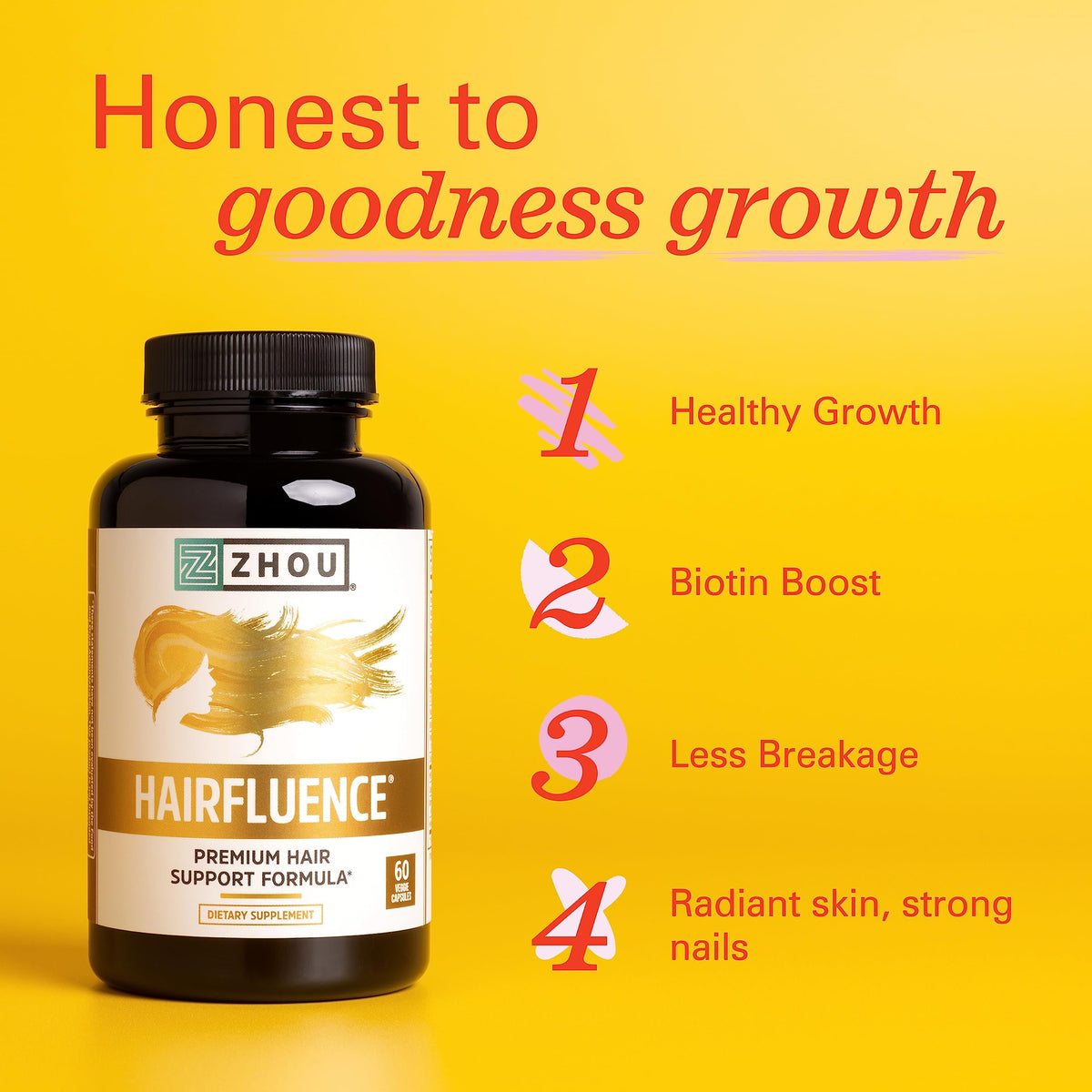 Zhou Hairfluence, Hair Growth Supplement with Biotin 5000mcg, Collagen, Keratin