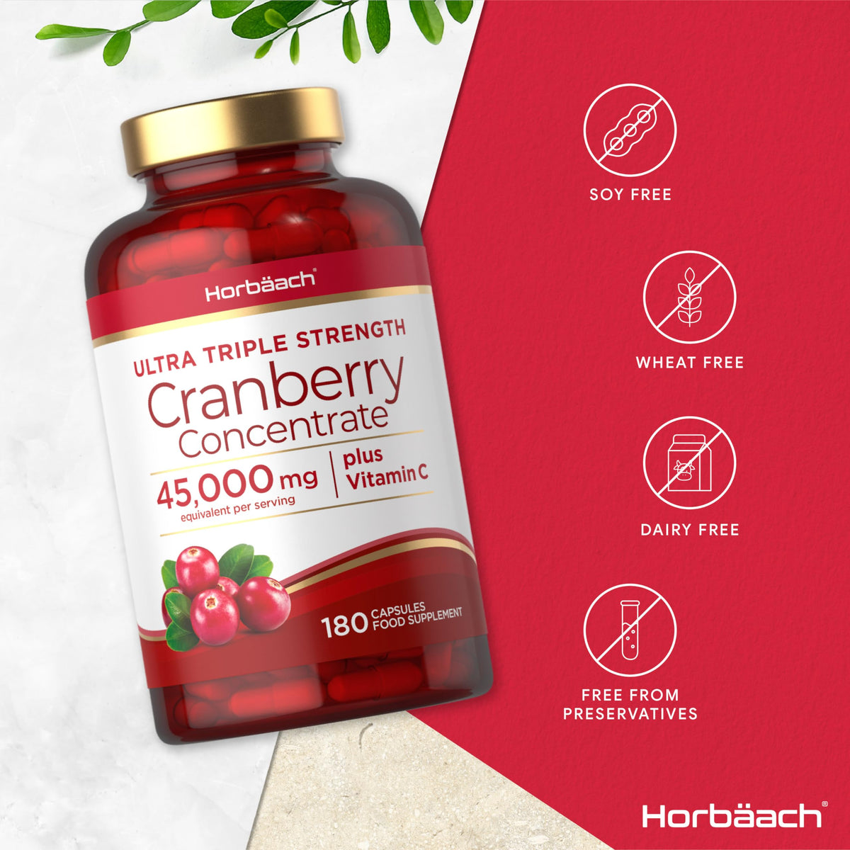 Cranberry Capsules 45,000 mg - High Strength Cranberry Extract with Vitamin C