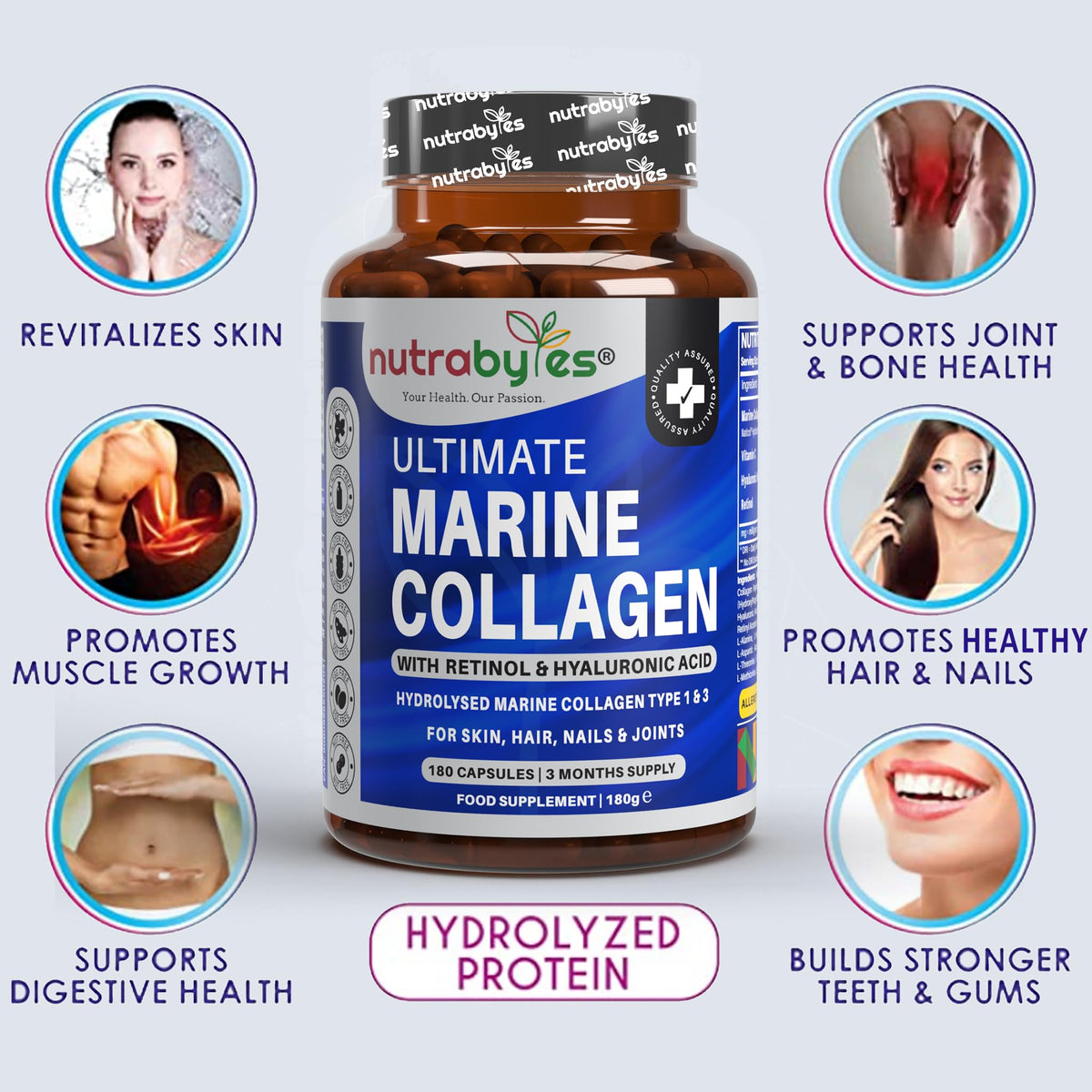High Strength Marine Collagen with Hyaluronic Acid, Retinol and Vitamin C - 180 Capsules - 3 Months Supply