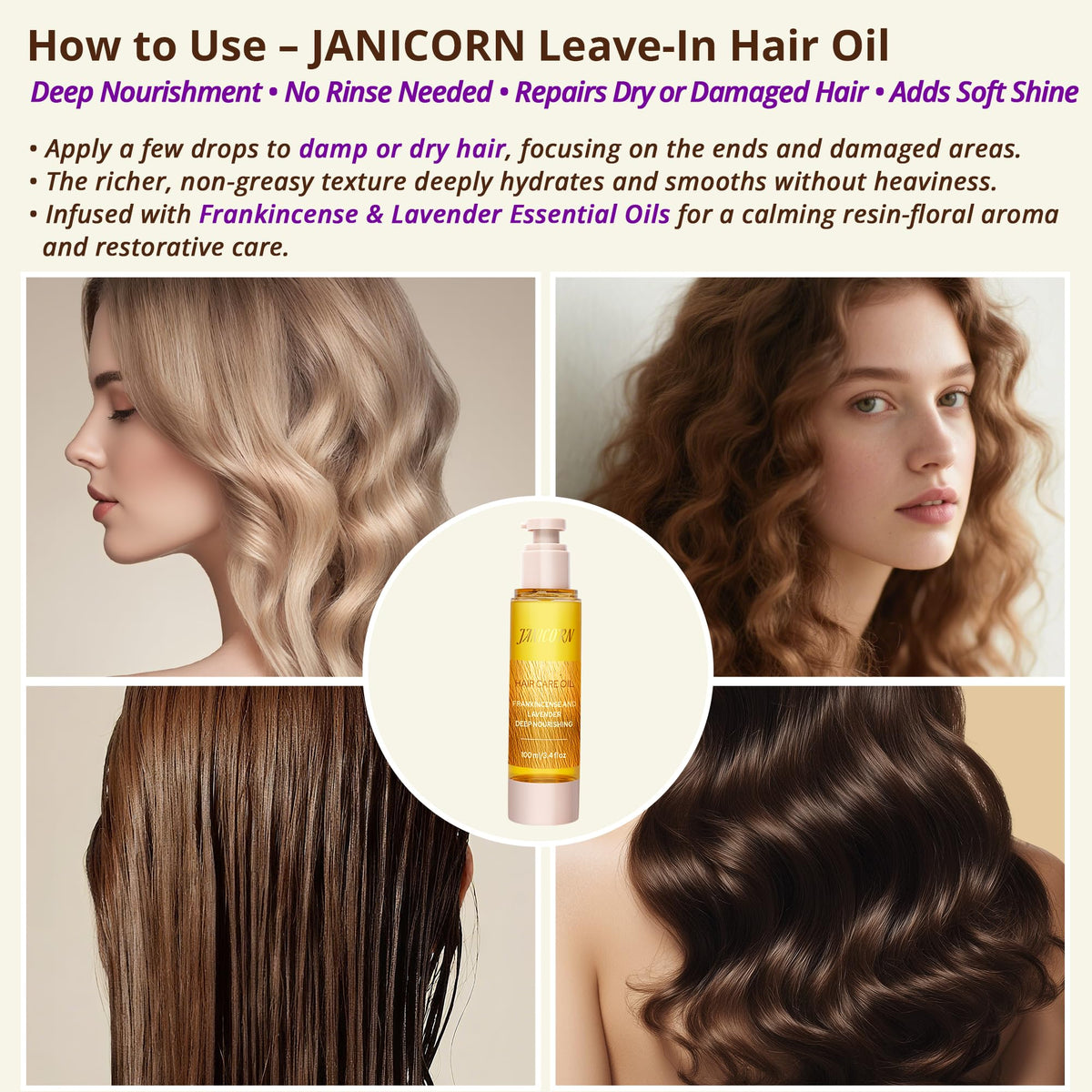JANICORN Leave-In Hair Oil - Nourishing & Conditioning Oil with Jojoba & Argan Oils, Frankincense & Lavender Aroma, Smoothness & Frizz Control for Dry or Damaged Hair, 3.4 fl oz / 100 ml