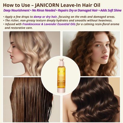 JANICORN Leave-In Hair Oil - Nourishing & Conditioning Oil with Jojoba & Argan Oils, Frankincense & Lavender Aroma, Smoothness & Frizz Control for Dry or Damaged Hair, 3.4 fl oz / 100 ml